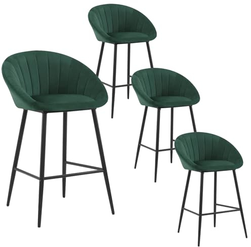 EUGAD Tabouret Bar, Lot de 4, Chaise de Bar Fixe, en Velours, Siège Rembourré, avec Dossier en Coquillage, avec Pieds en Métal et Repose-Pieds, Vert foncé, 1080BY-4
