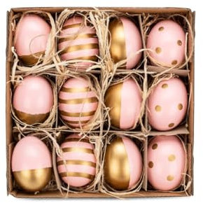 NaDeco Hühnereier, bemalt, 12 Stück, mit Hänger, in vielen Farben & mit verschiedenen Motiven erhältlich | Deko-Ostereier | Schöne Osterdeko zum Aufhängen, Farbe:Rosa-Gold