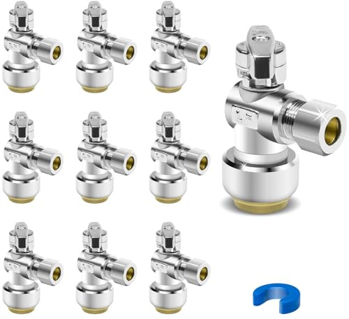 10PCS Angle Stop Valve, 1/2 x 3/8 Inch Compression Angle Water Shut Off Valve, Toilet Faucet Valve, Pushfit 1/4 Turn, No Lead Brass Push to Connect Plumbing Fitting for Copper, CPVC, PE-RT, PEX Pipe