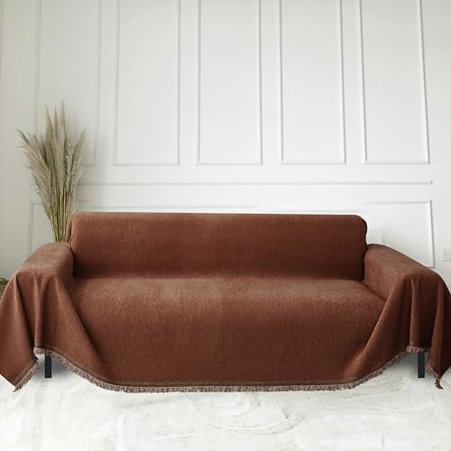 FLRISNTIG Schonbezug Mit Fransen, Chenille Decke, Anti-Rutsch-Abdeckung, Multifunktionsdecke Für Zuhause, Wohnzimmer, Büro (Braun, 180x300 cm)