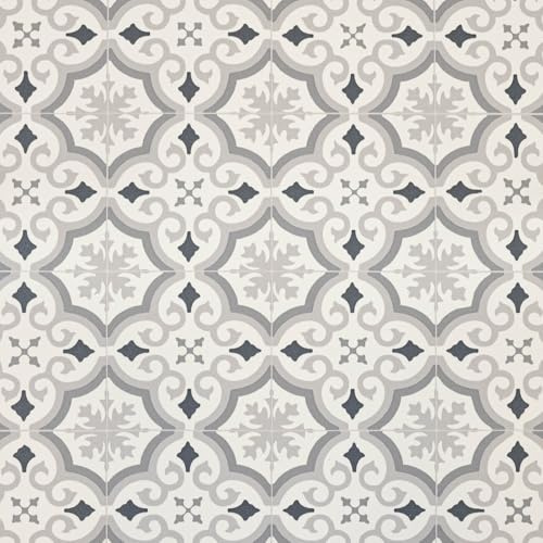 Light Grey Victorian Tile Effect Eclipse Vinyl Flooring 2mm Thick Lino Roll Bathroom Kitchen (2m Wide x 2.5m Long)