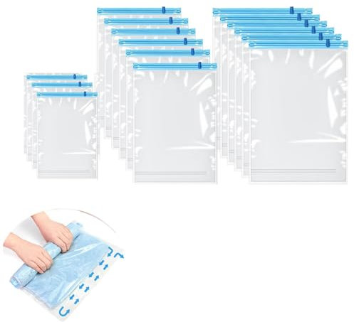 Confezione da 15 sacchetti riutilizzabili arrotolabili a compressione, 35 x 50 cm + 40 x 60 cm + 50 x 70 sacchetti sottovuoto per viaggi, sacchetti salvaspazio per valigie, senza pompa o aspirapolvere