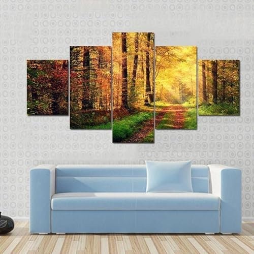 FatAco 5 Paneele Leinwand mit Rahmen Herbst Wald Landschaft mit Strahlen des warmen Lichts Bild Kunstdruck Leinwand Gemälde Wandmalerei Home Office Wohnzimmer Schlafzimmer Dekoration Ready to Hang