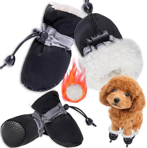 Hundeschuhe Pfotenschutz,4PCS Plüsch Hundestiefel,Hundeschuhe Winter,Hund Schneestiefel,Bequeme Atmungsaktive,Hundeschuhe mit reflektierenden Riemen,für kleine, mittlere,Sport im Freien (Schwarz 6)