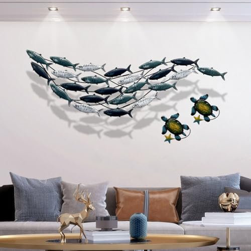 aweiyouxiang Küstenfisch-Wanddekoration aus Metall, Zwei Schildkröten, große Fisch-Wandskulptur, 23 Fische, Fisch-Wanddekoration im mediterranen Stil, geeignet für den Innen- und Außenbereich