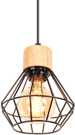Pendelleuchte Vintage Industrie Hängelampe Schwarz Design E27 Lampe aus Holz und Metall mit Geometrischem Käfig Hängeleuchte Retro Deckenleuchte für Wohnzimmer Esstisch Küche