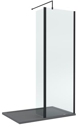Balterley Wetroom Screen with Return Screen, Support Bar & Tray, Hinged Shower Glass, Support Bar Kit, Rectangular Shower Tray, Toughened Safety Glass Screens with Arm Bracket (Black/Grey)