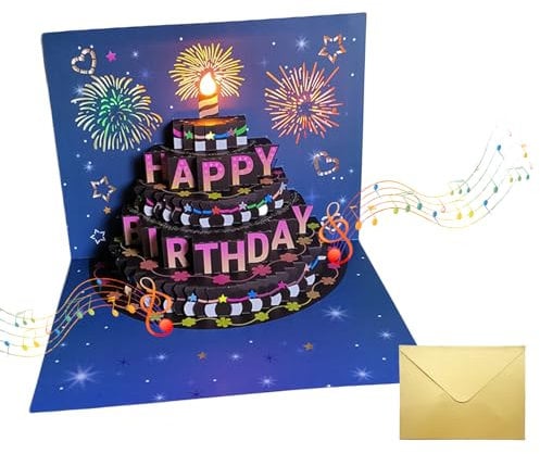 SHUBEIEUMI Tarjeta De CumpleañOs 3D, Con Sobres, Tarjeta Cumpleanos Divertida con Música y Luz, Tarjeta Felicitacion Cumpleanos Popup Velas Cumpleaños, para Mujeres, Hombres