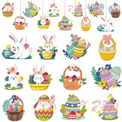24PCS Easter Wooden Hanging Ornaments – Colourful Egg & Bunny Decorations with Hemp Ropes, Rustic Vintage Style for Easter Tree, Home Décor, Crafts & DIY Projects