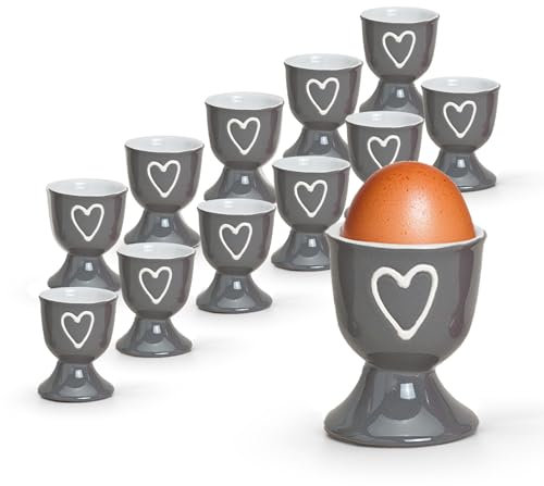 Bunte Landhaus-Stil Eierbecher 12er Set grau - Runde Keramik Frühstücks-Eier Herzen Untersetzer