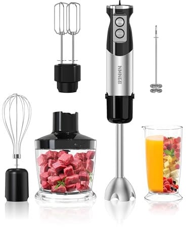 NMNGB 6 in 1 Hand Immersion Blender, 1000W 12 Speed Handheld Blender with 600ml Beaker, 500ml Chopper, Egg Whisk, Milk Frother, Stainless Steel Blades
