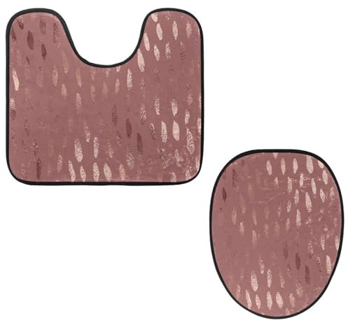 VAPOKF 2 Pieces Pedestal Bathroom Rugs Set, U-Shaped Contour Mat and Toilet Lid Cover, Soft Non-Slip Flannel Bathroom Mat Toilet Seat Cover - Rose Gold Foil Texture