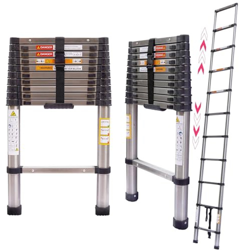 3.2M Telescopic Ladder, 10.5FT Stainless Steel Telescoping Ladder, 10 Steps Multi-Purpose Folding Extendable Ladder, Collapsible Loft Ladders for Outdoor Indoor Work, 150kg Capacity