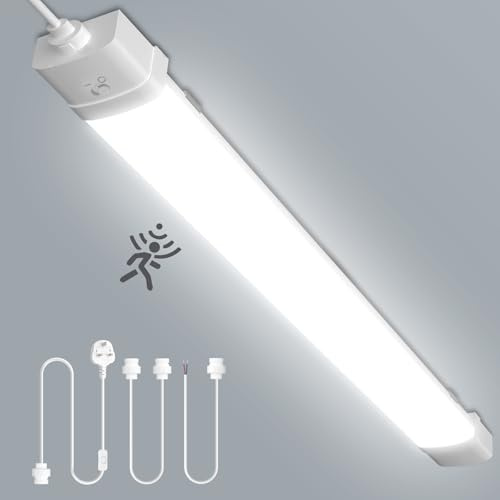 Sararoom 115cm Motion Sensor LED Batten Light, 6500K Daylight White 4000LM Connectable LED Tube Light, Waterproof LED Strip Light for Shop, Office, Living Room, Garage, Warehouse, Kitchen