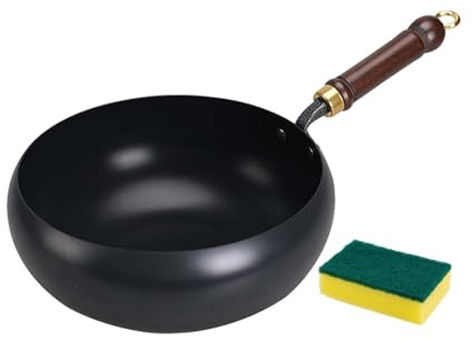 FytStycale Poêle wok chinoise avec manche en bois, poêle à fond plat, pour buffet, hôtel, maison, camping, cadeau