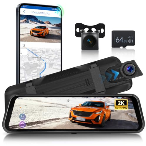 Hodozzy 2K WiFi Espejo Retrovisor Cámara, 9,66 Pulgadas Pantalla Táctil IPS Espejo Retrovisor con Visión Nocturna Color, Grabación en Bucle, Sensor G, App, BSD LCA, Mirror Dash CAM con Tarjeta TF 64G