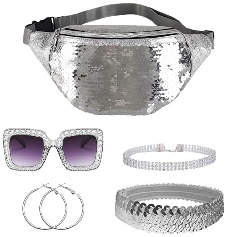 Mervokl 80er 90er Jahre Accessoires Set für Damen mit Bauchtasche, Haarband, Sonnenbrille usw Schillerndes Festivalzubehör für Mottoparty, Disco, 80s 90s Party, Karneval Fasching