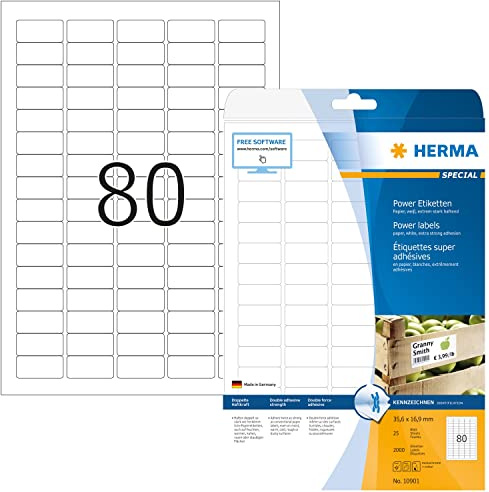 HERMA 10901 Power Etiketten, 25 Blatt, 35,6 x 16,9 mm, 80 pro A4 Bogen, 2000 Stück, selbstklebend, bedruckbar, extrem stark haftend, blanko Papier Klebeetiketten Aufkleber, weiß