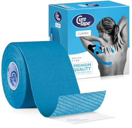 CureTape Classic Kinesiology Tape 5m x 5cm Uncut – Waterproof Latex-Free Hypoallergenic Kinetic Physio Tape – Medical Tape - Muscle & Joint Support & Blisters – Elastic K Tape for Knee Support - Blue