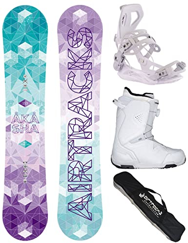 Airtracks Damen Snowboard-Set Freestyle Freeride Akasha Lady Flat Rocker 147 + Snowboard Bindung Master W + Snowboardboots Star W 40 + Sb Bag