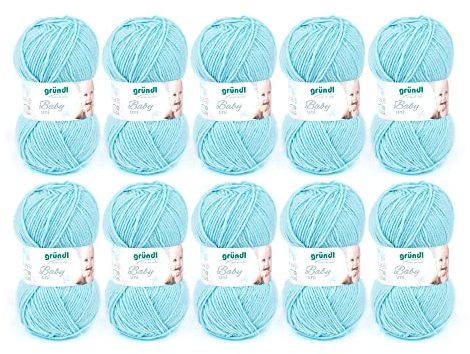 Gründl Wolle Baby uni - weiche Wolle zum Häkeln und Stricken - Babywolle - Babygarn - Weich und hautfreundlich - 70% Polyacryl,30% Polyamid - 10 Knäuel 50 g / 150 m - Nadelstärke 3,5-4,5 - Türkis