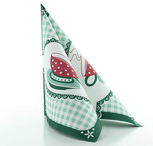 Sovie HORECA Serviette KATHRIN in Grün, 40 x 40 cm, 1/4 Falz, 50 Stück, Linclass® Airlaid – Hochwertige Einwegservietten mit Karomuster & Kaffeetassen-Motiv für Café, Brunch & Tischdeko