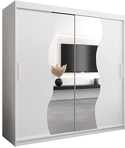 KRYSPOL Schwebetürenschrank Madryt 200 cm mit Spiegel Kleiderschrank mit Kleiderstange und Einlegeboden Schlafzimmer- Wohnzimmerschrank Schiebetüren Modern Design (Weiß)