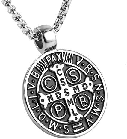 AsAlways Men's St Benedict Exorcism Pendant Necklace Stainless Steel Catholic Roman Cross Demon Protection Ghost Hunter(CSPB) 22 + 2 inch chain(Silver)