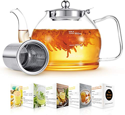 Glass Teapot, 1200ml Teapot, Tea Pot for Blooming Tea, Flowering Tea Pot Gift Set, Teapot with Infuser, Scale line Borosilicate Glass Teapot Stovetop Safe Cover Tea Brewer Guide, Teapots for 4-6 Cups