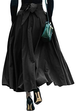 Minetom Damen Maxirock Retro Vintage Rockabilly Rock Damen Festliche Röcke Lang Rock Mit Ausgestellt Bowknot Hochzeit Maxiröcke Mit Taschen Schwarz S