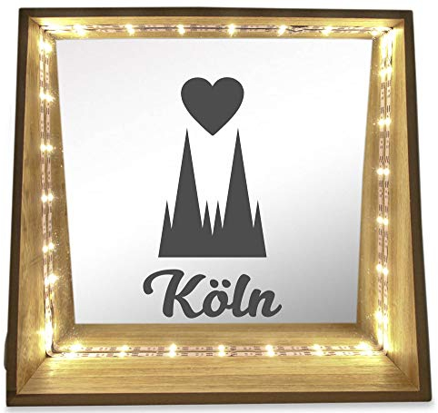 WB wohn trends Deko-Leuchte LED-Spiegel aus Holz mit Motiv, Kölner Dom-Spitzen Herz Köln, 24x23x8cm, Deko-Spiegel Licht LED-Lampe mit Text Spruch