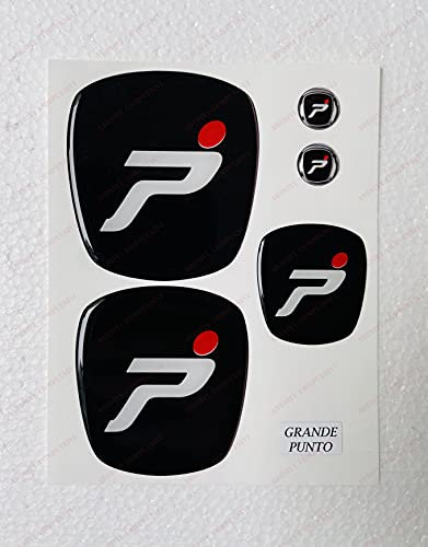 Logo Compatibile Grande Punto Anteriore, Posteriore + Volante + 2 Stemmi per Portachiavi. per Cofano e Baule. Adesivi resinati, Effetto 3D. Fregi Colore: Nero-Bianco