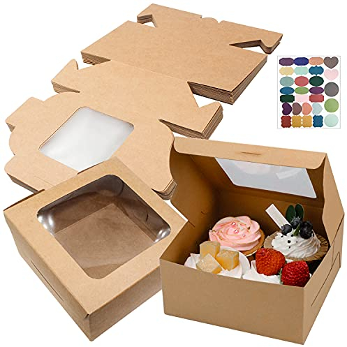 Bakery Boxes Mini Cake Boxes Pie Boxes 4in Brown Kraft Box with PVC Window and 24pcs Sticker Bakery Pastry Boxes for Food,Cookie,Bread,Candy,Pie Slice Gifts Packaging Box with Clear Display Window