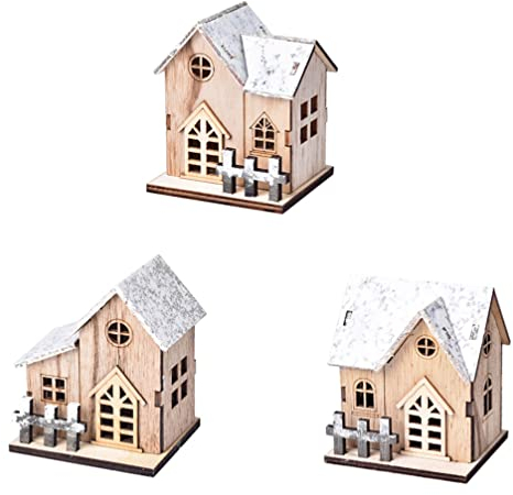 Holz Weihnachtshaus Mit Beleuchtung Puzzle: LED Holzhäuser 3D Holzpuzzle DIY Basteln 3 Stücke Winterzeit Holzhäuschen Winterdorf Zubehör Party Weihnachtsdeko