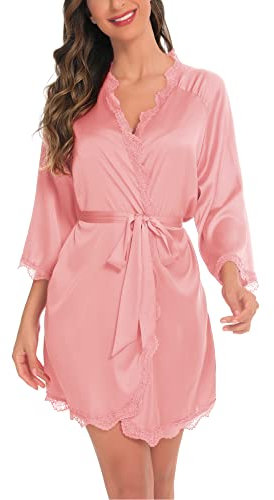 Aranmei Robe de Chambre Femme Peignoir Satin Chemise de Nuit Léger Col V Oblique Bordure en Dentelle Mariée de Demoiselle D'honneur Soie Peignoir Kimono,Rose,S