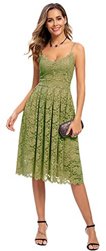 Atnlewhi Damen Vintage ärmellosen V-Ausschnitt A-Linie Kleid Blumen Knielang Spitzenkleid Brautjungfer Elegante Cocktailkleider - Armeegrün - S