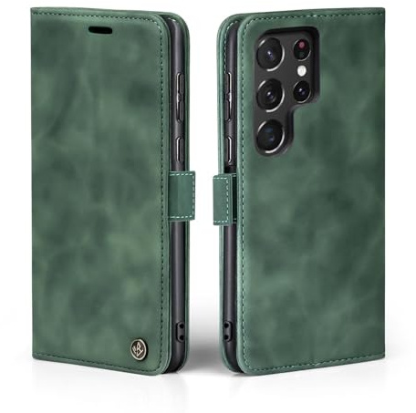 LBH Handyhülle für Samsung Galaxy S22 Ultra in Grün mit Karten- und Geldfach Smartphone Hülle mit Standfunktion Flip Case Schutzhülle Magnetverschluss Vintage