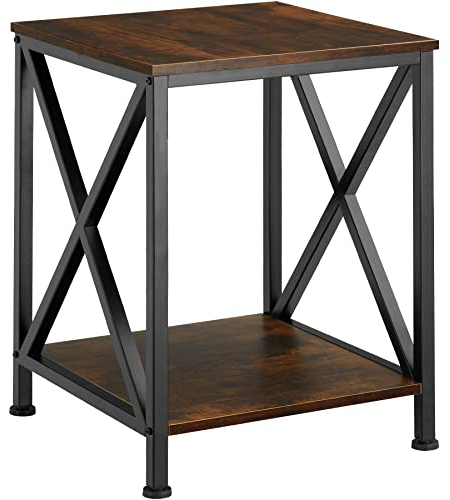 tectake® Industrial Möbel, Beistelltisch Holz und Metall, Schlafzimmer Nachttisch mit 2 Ebenen, Couchtisch mit X-Streben, Wohnzimmertisch, Beistelltisch Couch - Industrial Holz dunkel, rustikal
