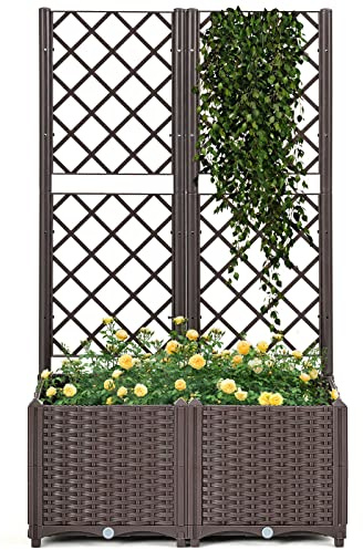 GOPLUS Jardinera con enrejado con sistema de riego automático, jardinera elevada con agujeros de drenaje, caja de plantación resistente, para jardín, terrasse, marrón (80 x 40 x 135 cm)