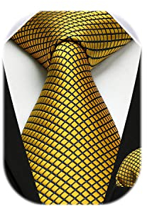 HISDERN Corbata a cuadros para hombre con pañuelo tejido Corbata dorada clásica para hombre y conjunto de pañuelo de bolsillo