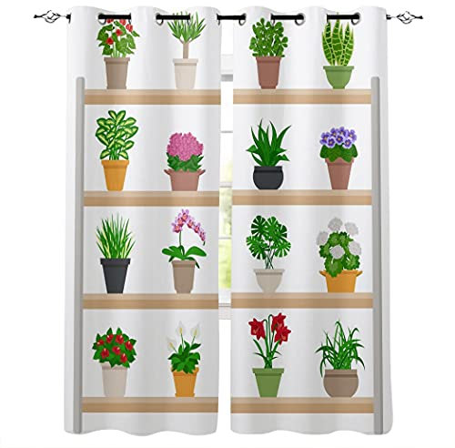 3D Printed Blackout Curtains, Plant Cactus Pot Printed Bedroom Blackout Window Drapes, Thermal Insulated Noise Reducing Perforated Window Drapes For Living Room Kids Room Home Decor 300 X 280 Cm