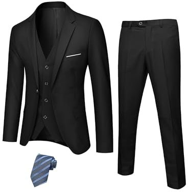 Hihawk Costume 3 pièces pour Homme avec Tissu Extensible, Coupe ajustée, Ensemble Blazer à Un Bouton, Veste, Gilet et Pantalon avec Cravate, Noir, Taille M