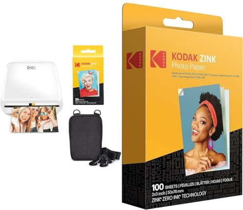 KODAK Step Wireless Mobile Photo Printer (White) Go Bundle & 2x3 Premium Zink Photo Paper (100 Sheets) Compatible with PRINTOMATIC, Smile and Step Cameras and Printers, White