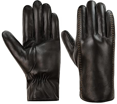 MaxW Winter Herren Leder Handschuhe Schwarz Schafsfell Handschuhe Fahren Radfahren Draußen Arbeit Fausthandschuhe Verdicktes Kunstfell Futter M