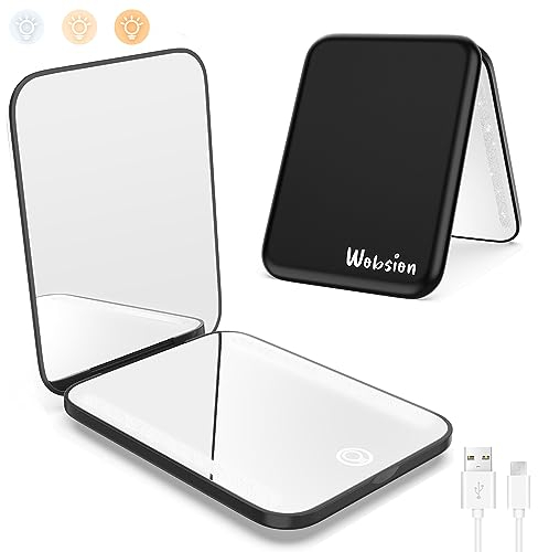 wobsion Travel Makeup Mirror with Light, Dimmable Compact Mirror for Pocket, Small Mirrors for Handbag, 1x/3x Magnifying Portable Led Mirrors for Women, Rechargeable, Gifts for Girls, Black