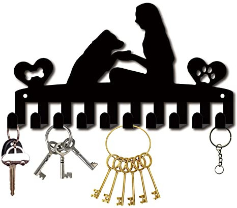 CREATCABIN Porte-Clés en Métal Noir Crochets pour Clés Organisateur Cintre Mural Décoratif avec 10 Crochets Chien Femme pour Porte D'Entrée Couloir Salle de Bain Sac Vêtements Clé Écharpe à Suspendre