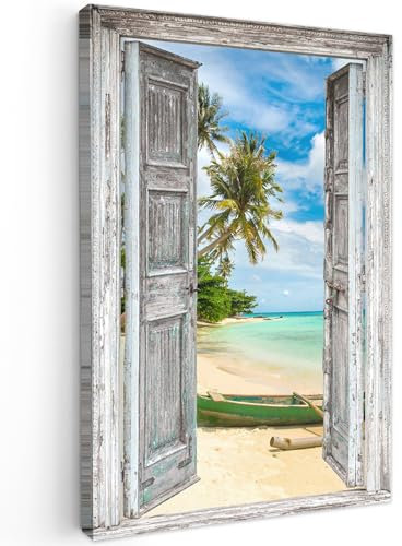 MuchoWow© Wandbilder Groß 80x120 cm XXL Wohnzimmer Wanddeko Schlafzimmer Zimmerdeko Fotowand Zimmer Deko Wand Dekoration Wall Art Kanu - Strand - Palme - Fensterblick