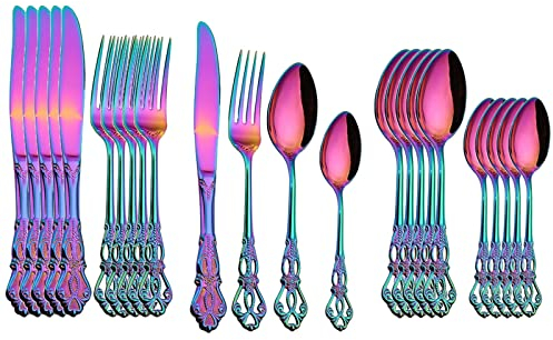 Set di forchette for coltelli da bistecca in acciaio inossidabile dorato di lusso da 24 pezzi Set di posate in oro con confezione regalo in legno di lusso 16 pezzi (Color : 24 Rainbow)