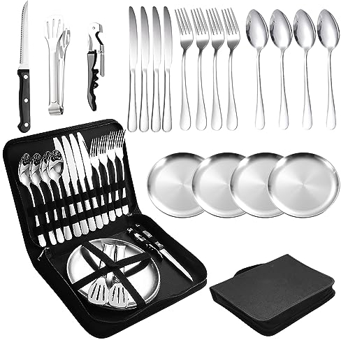 Set de Couverts de Camping pour 4 personnes, Portable Vaisselle Camping Inox pour Randonnée, L'escalade et Plein Air, avec couteau, fourchette, cuillère et assiette dans un sac de transport