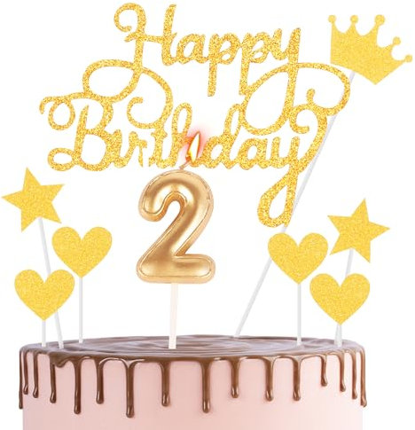 HONGCI Happy 2nd Birthday Cake Topper & Birthday Candle Gold Number 2 Candle for Birthday Cake - 2nd Birthday Candles Cake Cupcake Topper Birthday Cake Decorations for Boys Girls Birthday Gold